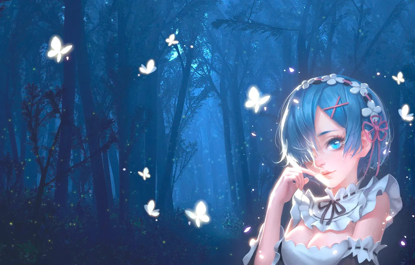 Фото обои лес, девушка, ночь, бабочка, арт