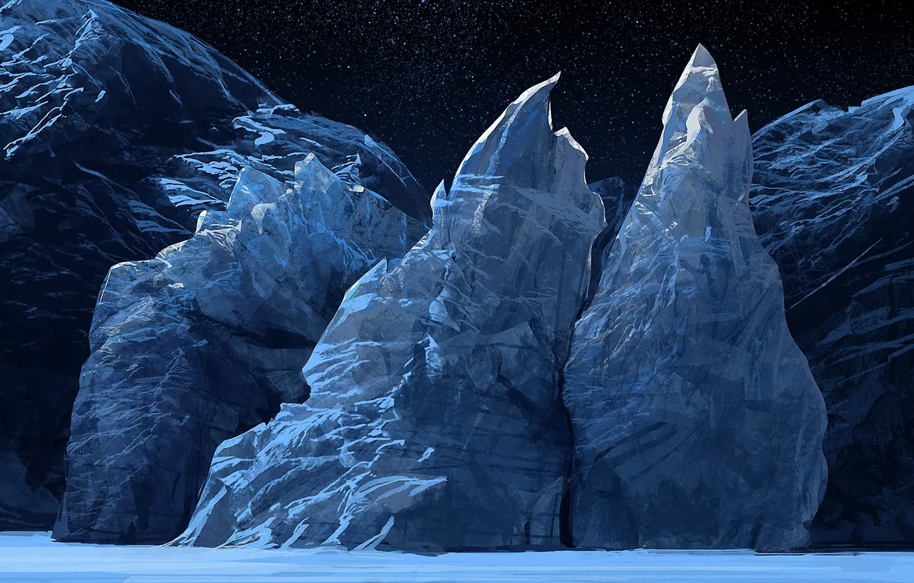 Фото обои лед, звезды, ночь, арт, льдины, глыбы