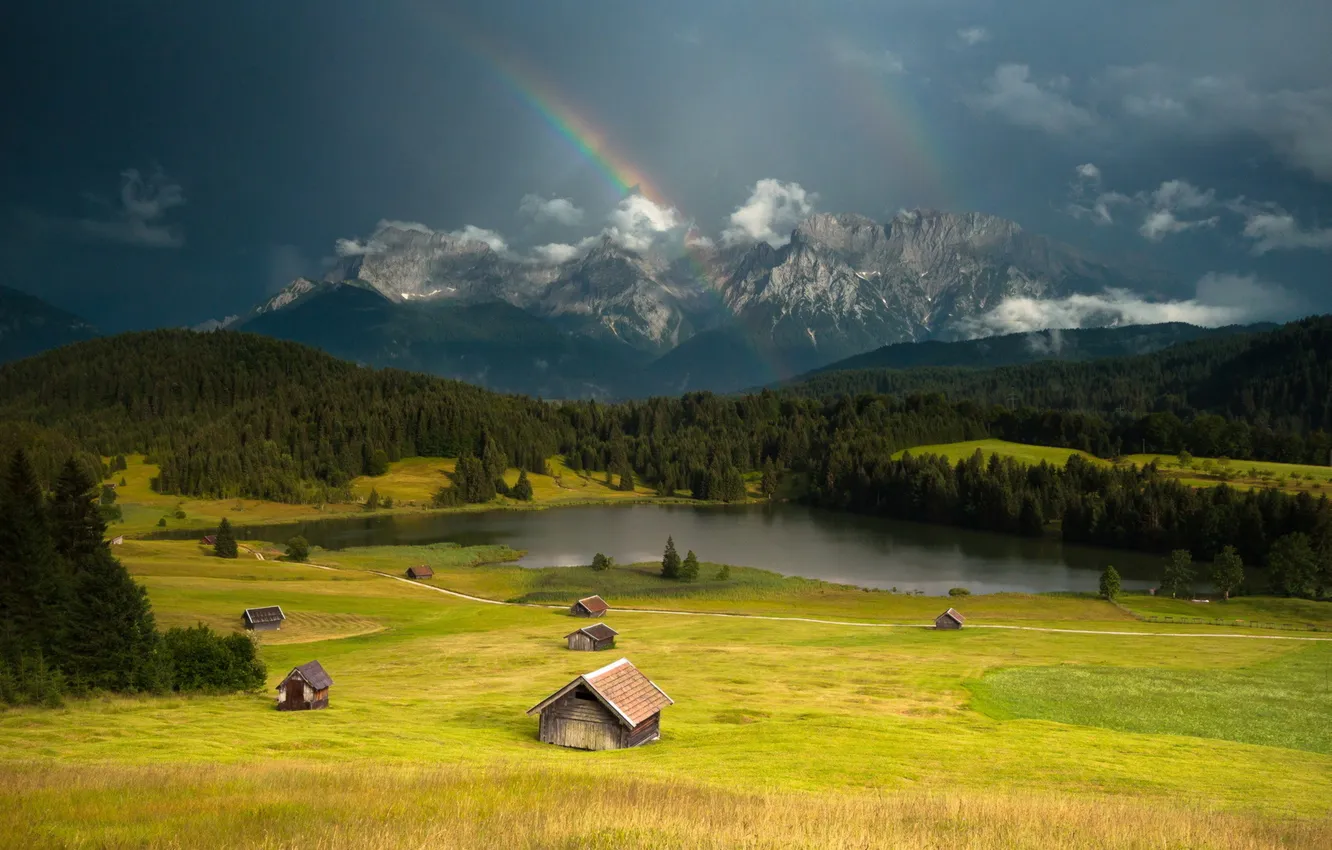 Фото обои пейзаж, дома, радуга, долина