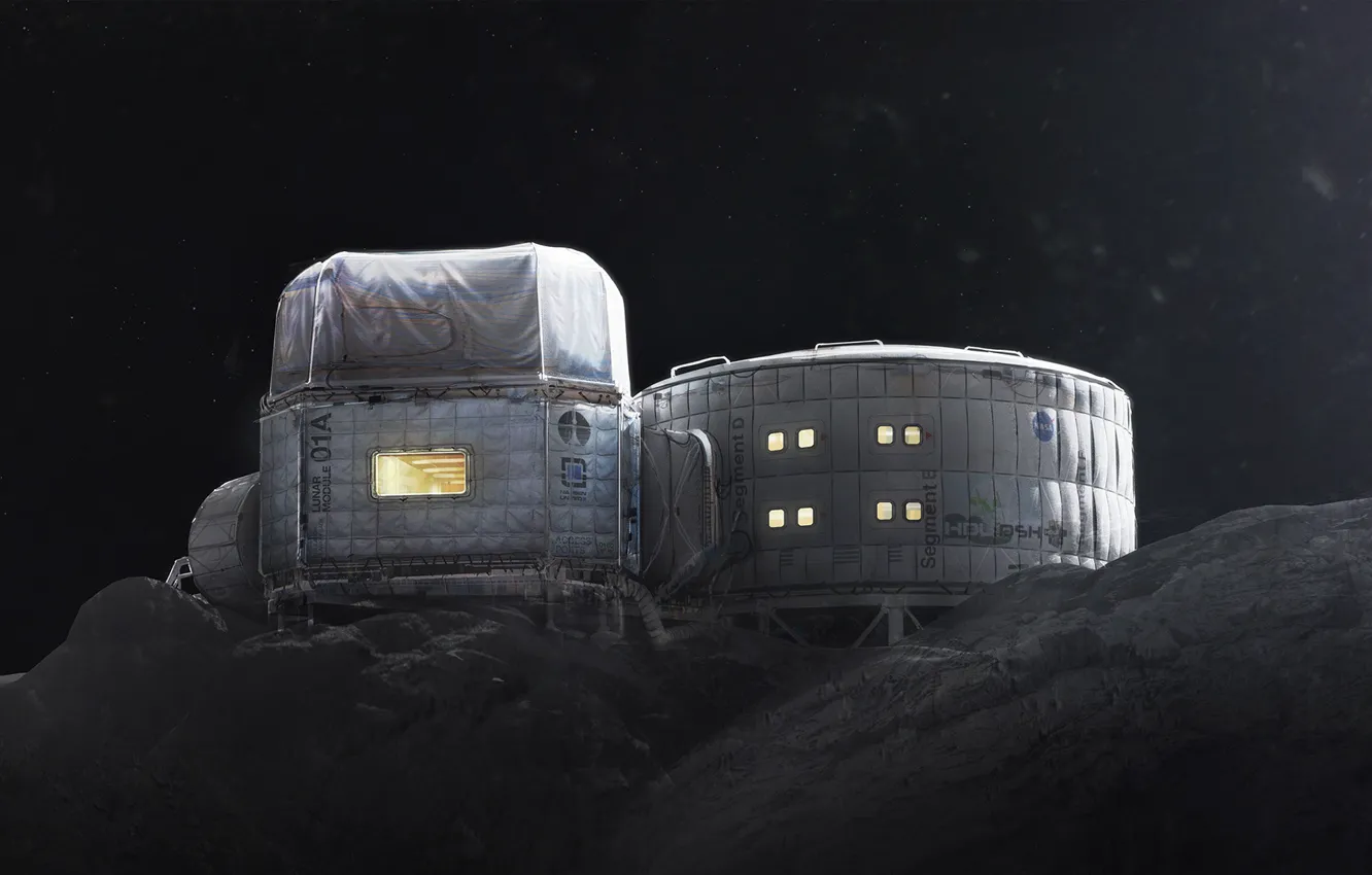 Фото обои холмы, звёзды, станция, база, Twardowskys Moon habitat back