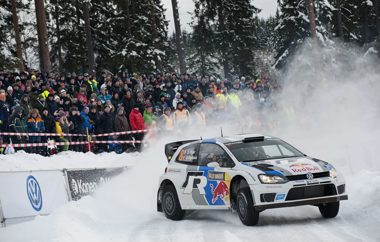Фото обои Зима, Снег, Лес, Volkswagen, Люди, WRC, Rally, Ралли