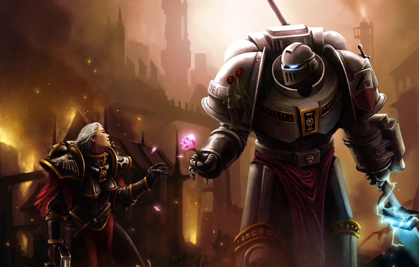 Фото обои город, оружие, пожар, роза, доспехи, броня, warhammer, инквизитор