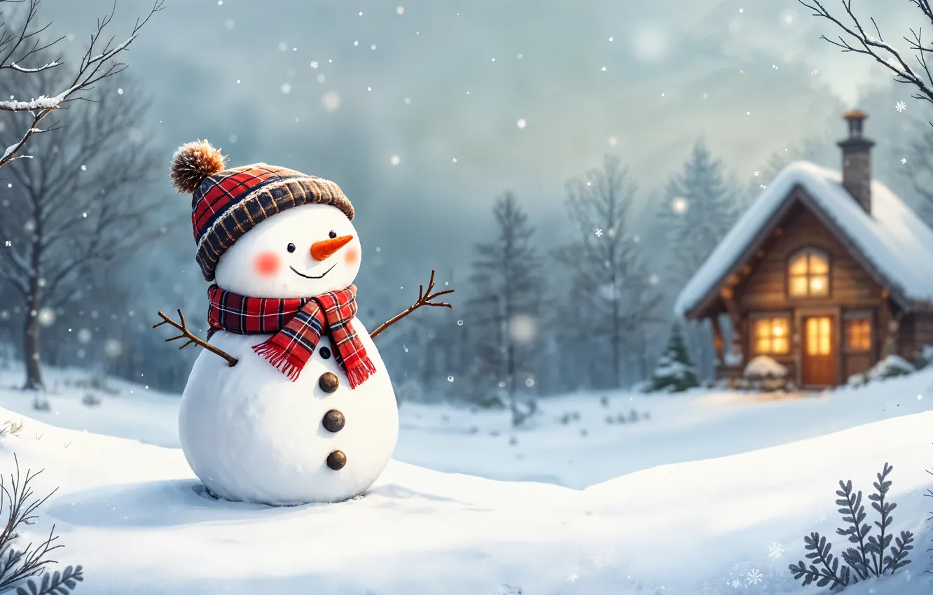 Фото обои зима, снег, украшения, Рождество, Новый год, снеговик, happy, Christmas