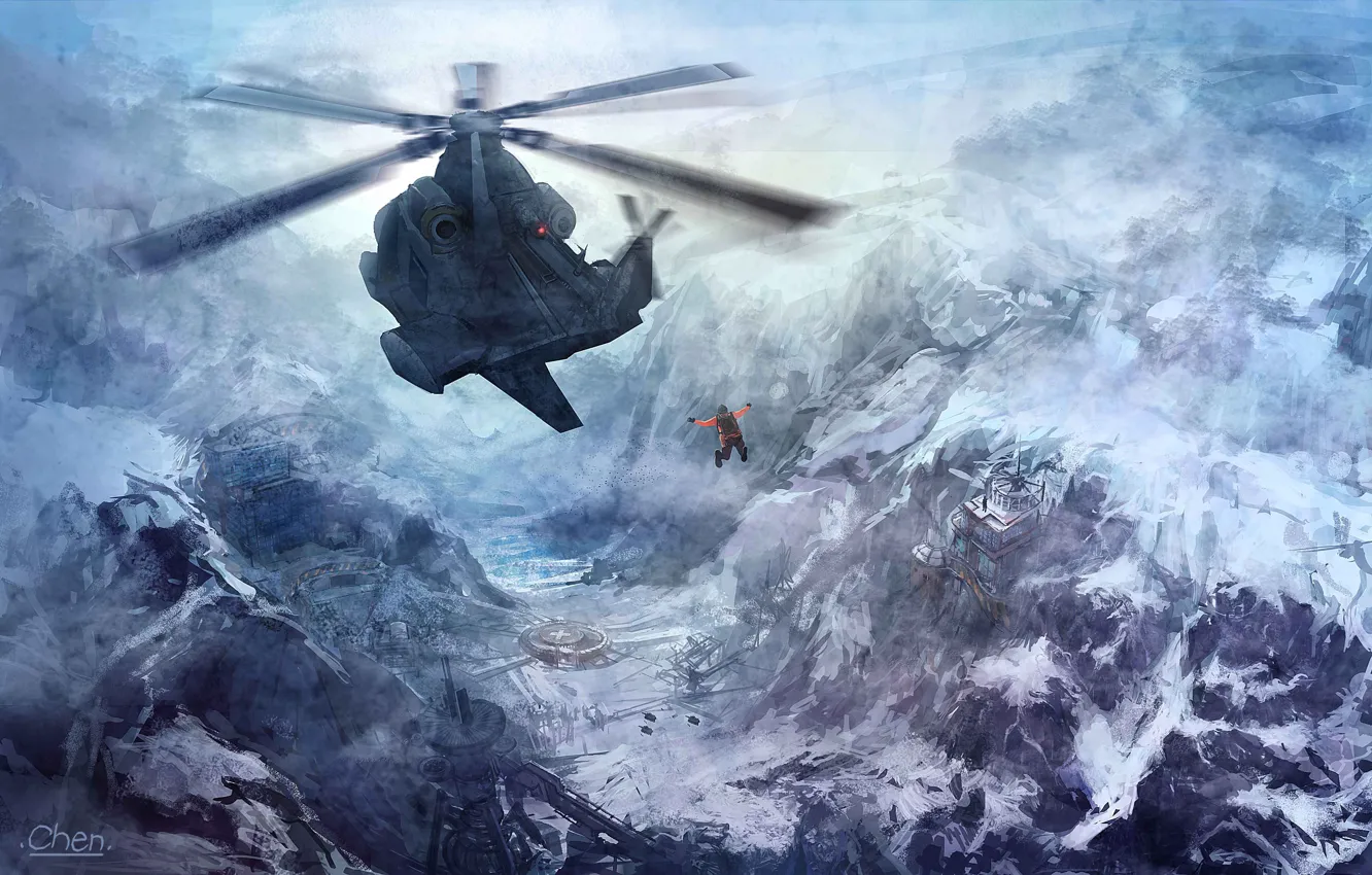 Фото обои снег, полет, горы, человек, арт, база, вертолет, RichardChen