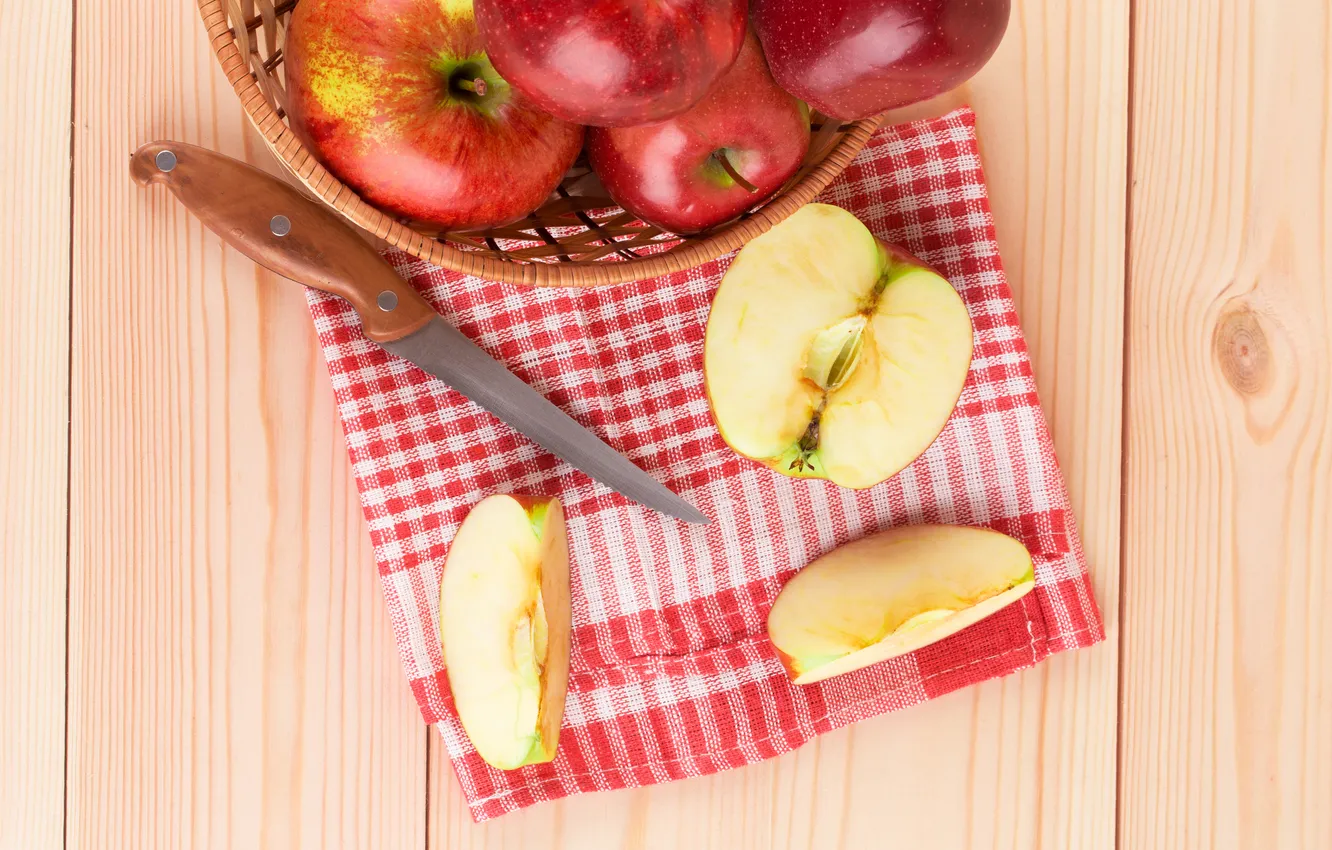 Фото обои фрукт, нож, дольки, салфетка, красные яблоки