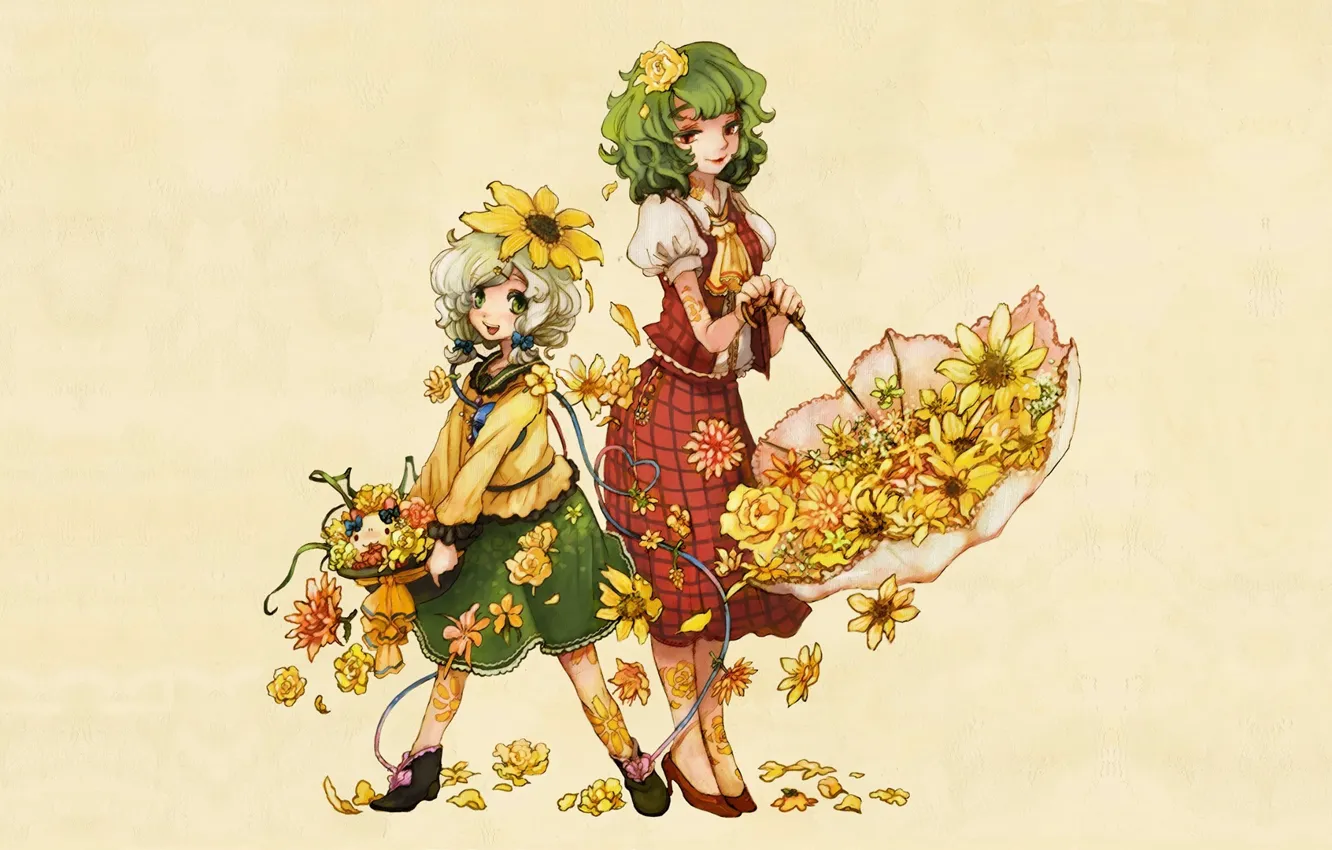 Фото обои зонт, зеленые волосы, желтые цветы, Touhou Project, Проект Восток, две девочки, Kazami Yuuka, Komeiji Koishi