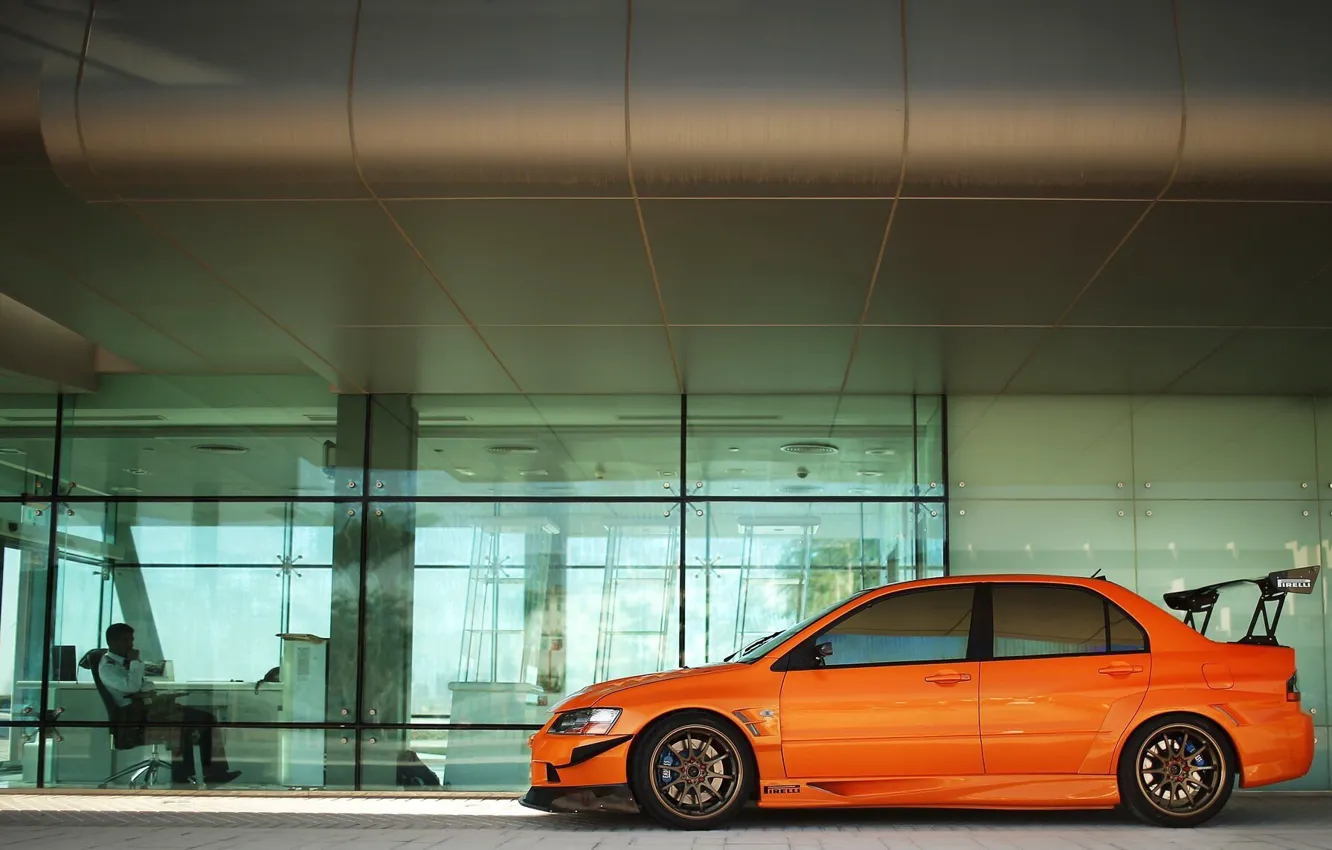 Фото обои car, машина, оранжевый, тюнинг, офис, Mitsubishi, tuning, lancer