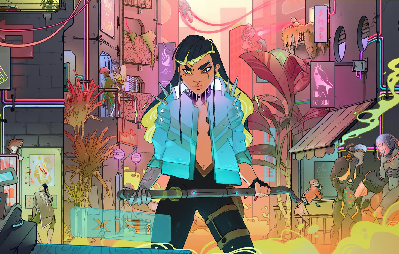 Фото обои девушка, будущее, оружие, игра, дома, технологии, game, персонажи