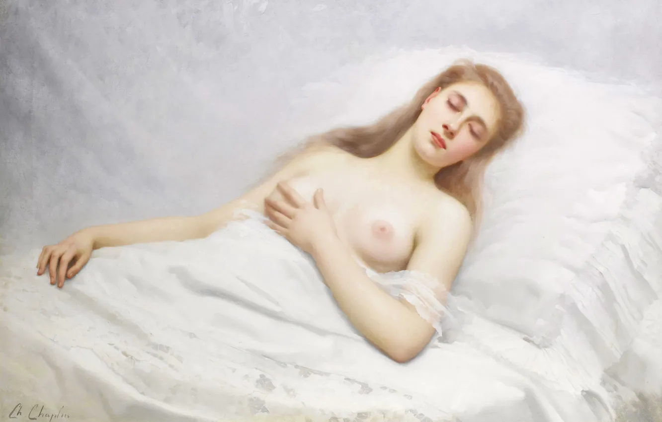 Фото обои грудь, руки, подушка, белая постель, Charles Joshua Chaplin, спящая женщина, Мечтательность, Академизм