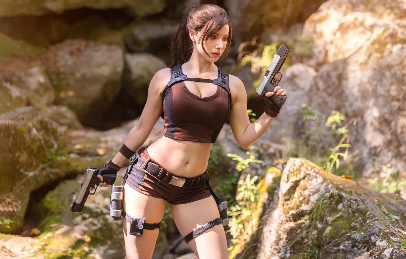Фото обои Tomb Raider, model, women, cosplay, brunette, women outdoors, video game girls, Lara Croft (Tomb Raider)