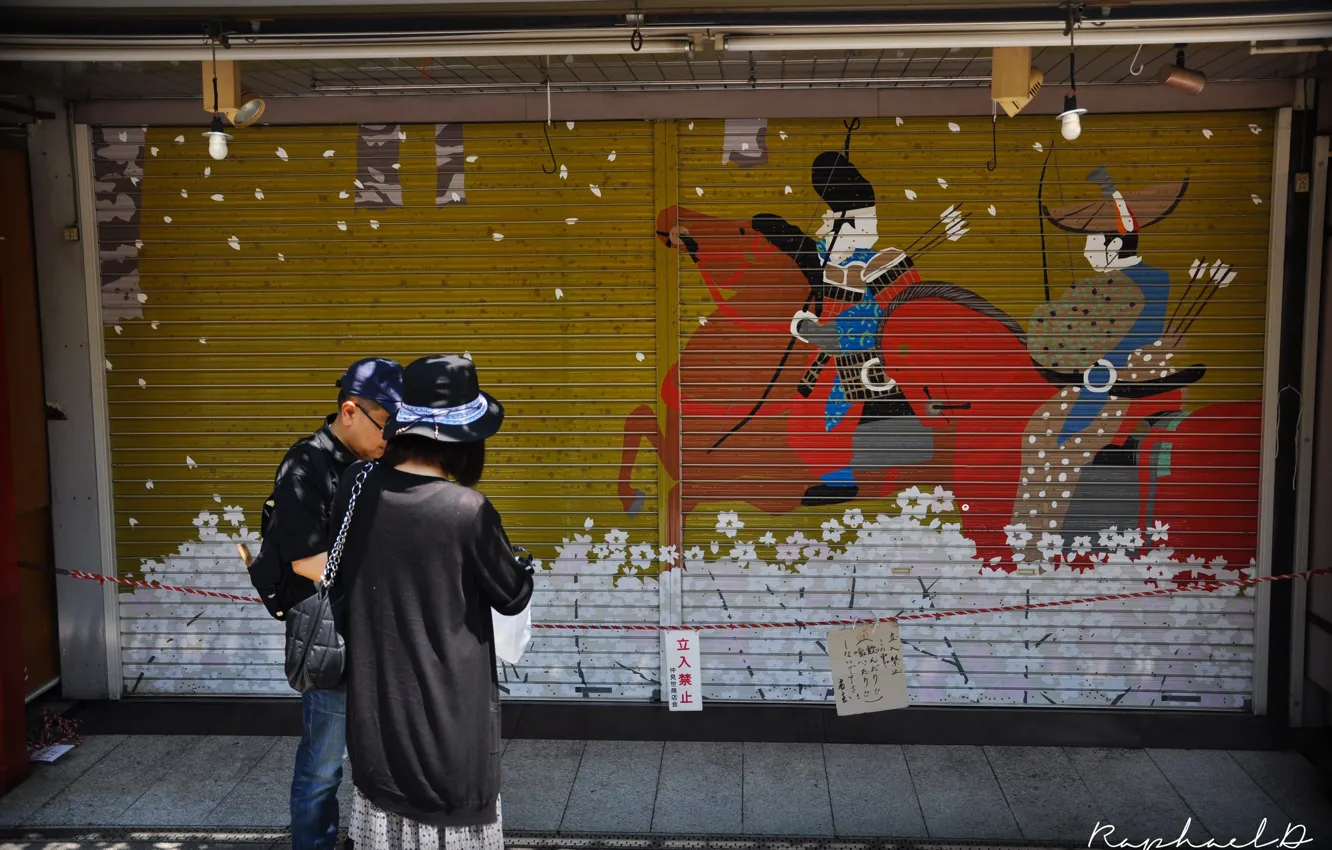Фото обои Япония, Japan, самураи, graffitti, стена граффити