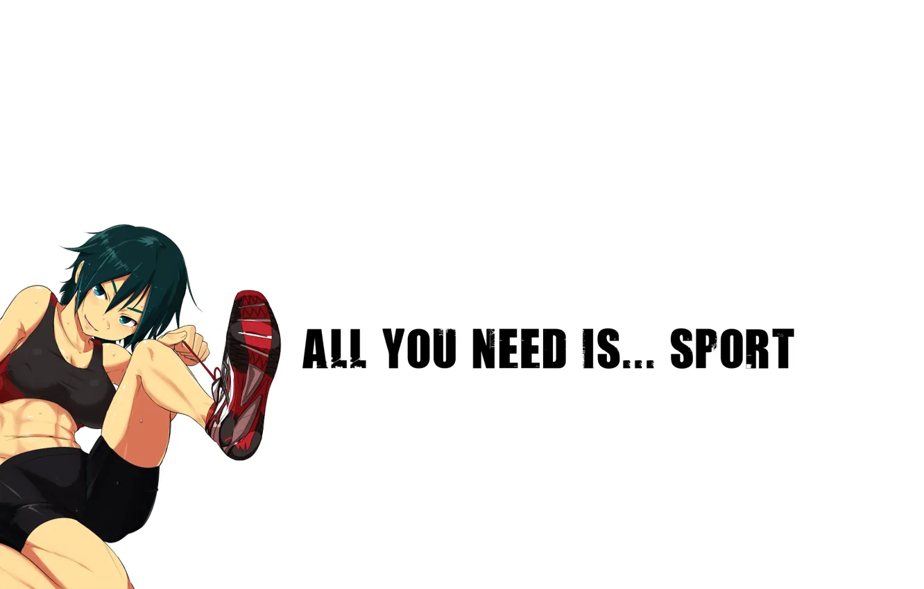 Фото обои спорт, минимализм, белый фон, кроссовки, короткие волосы, зеленые глаза, пресс, sport bra