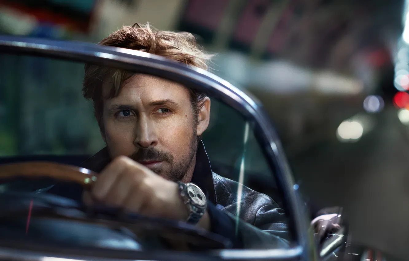 Фото обои взгляд, поза, часы, актер, за рулем, TAG HEUER, в машине, Ryan Gosling