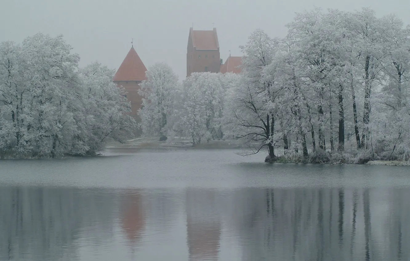 Фото обои снег, деревья, озеро, Зима, крепость