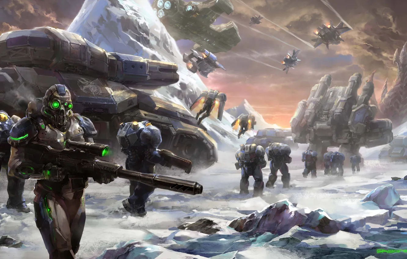 Фото обои снег, оружие, скалы, транспорт, планета, корабли, войны, арт