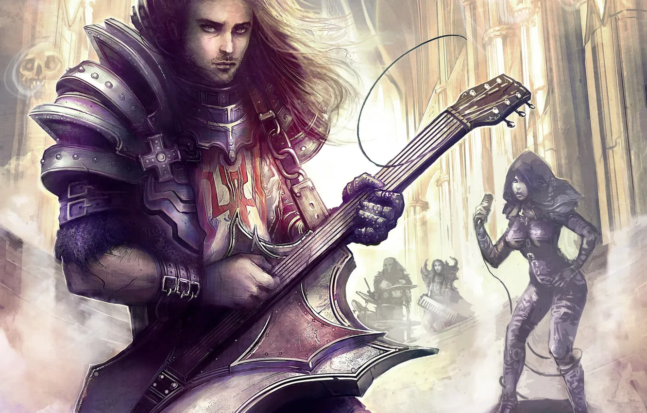 Фото обои девушка, музыка, гитара, микрофон, парень, Diablo III, fan art, demon hunter
