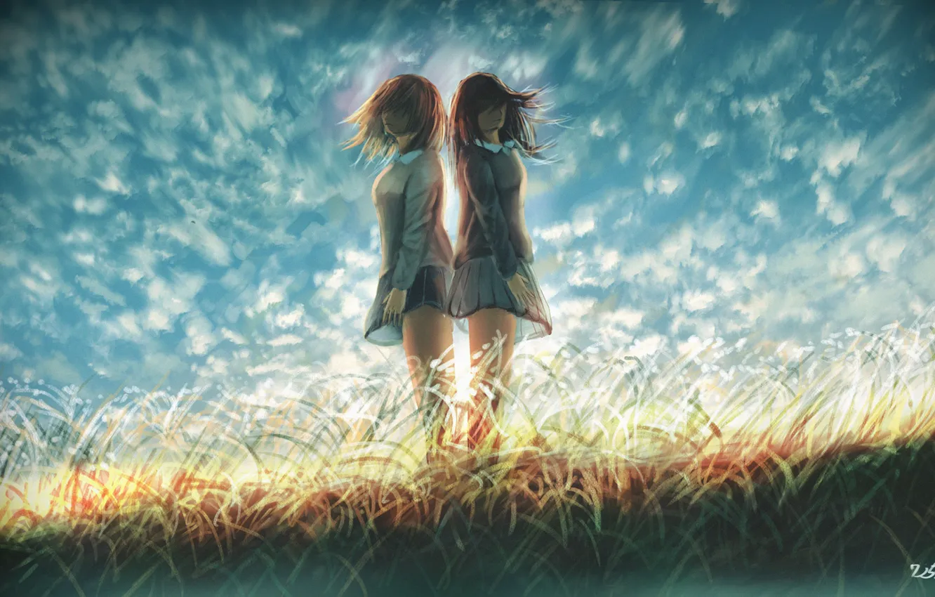 Фото обои небо, трава, девушки