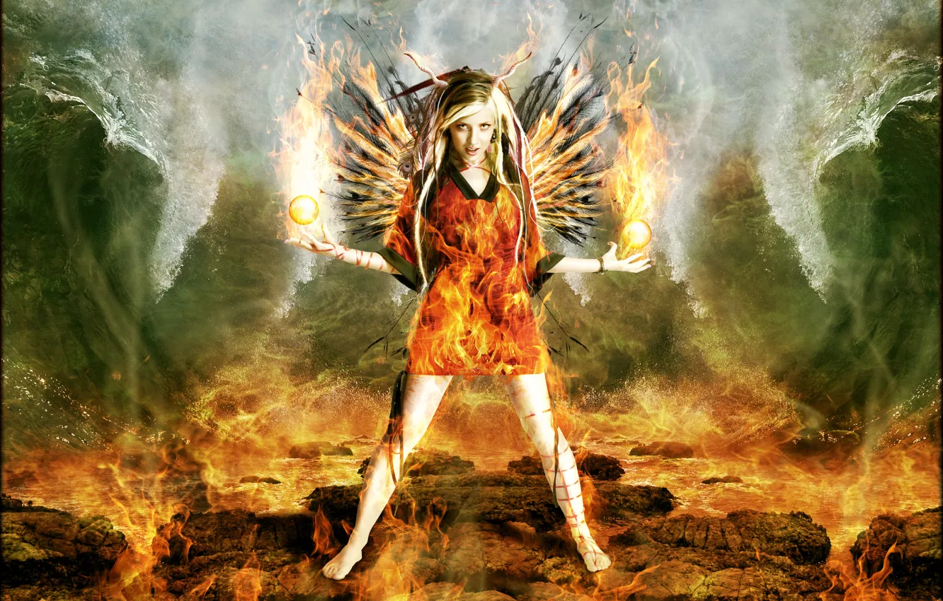 Фото обои волны, девушка, шарики, огонь, рога, Digital Art, brandrificus, огненный ангел