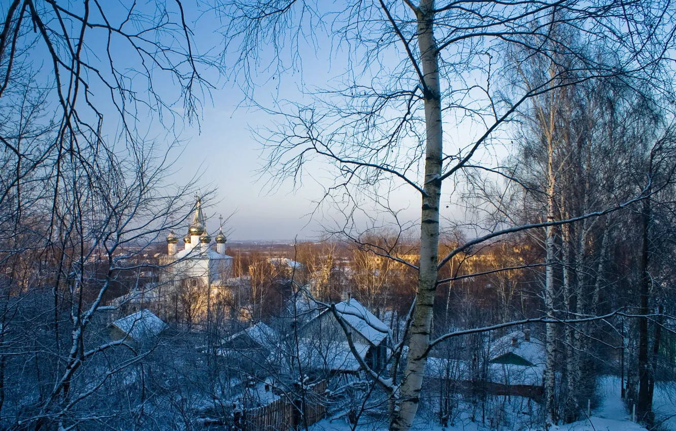 Фото обои зима, снег, деревья, вечер, храм, городок, купола