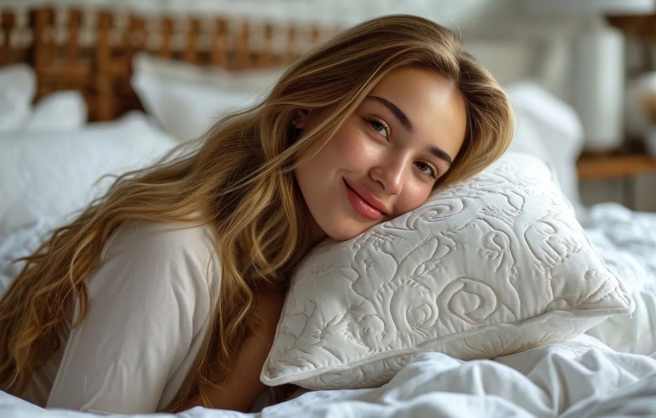 Фото обои девушка, улыбка, кровать, подушки, утро, блондинка, постель, лежит