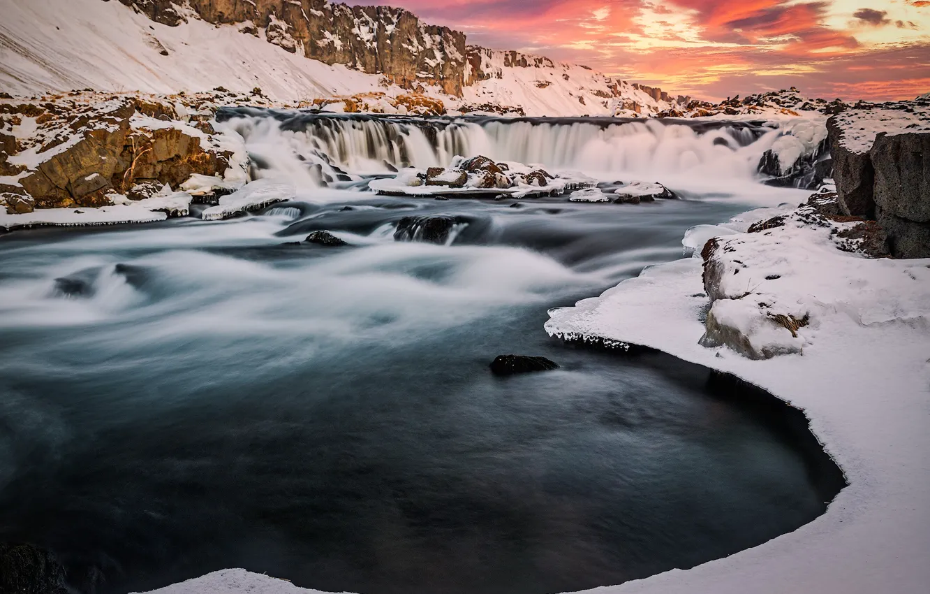 Фото обои зима, снег, закат, горы, река, водопад, Исландия
