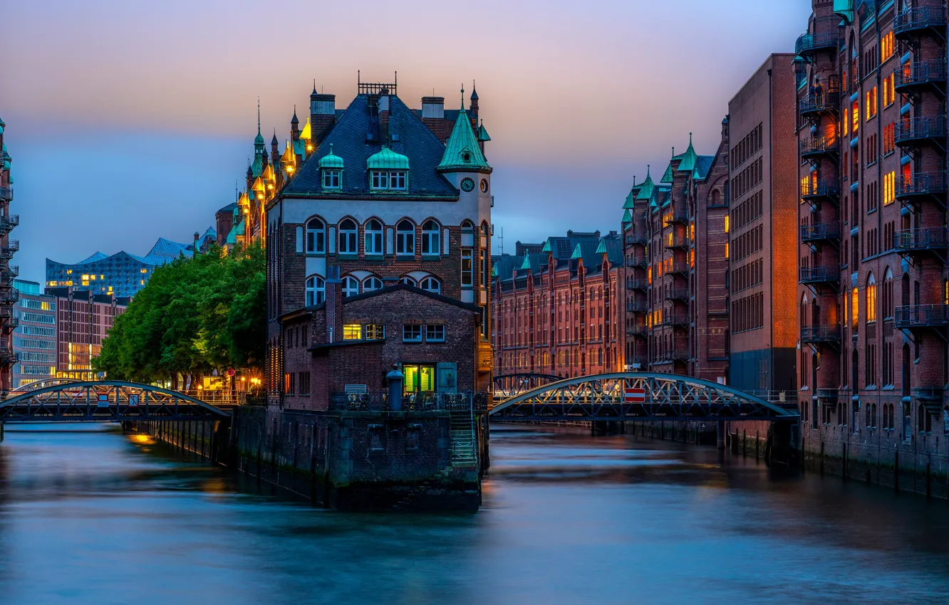 Фото обои здания, дома, Германия, мосты, Гамбург, Germany, каналы, Speicherstadt