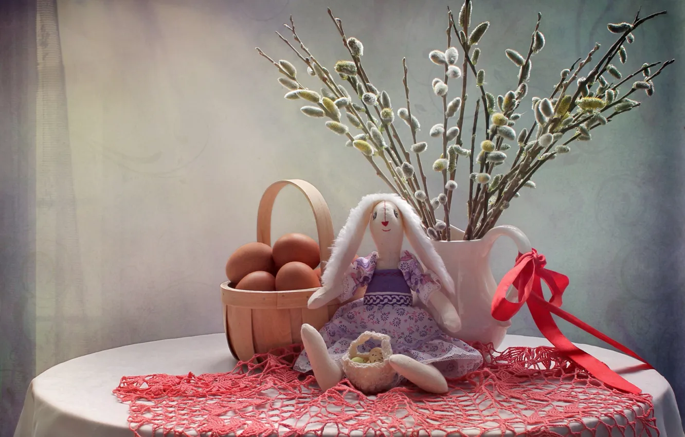 Фото обои игрушка, заяц, яйца, верба, Вербное воскресенье