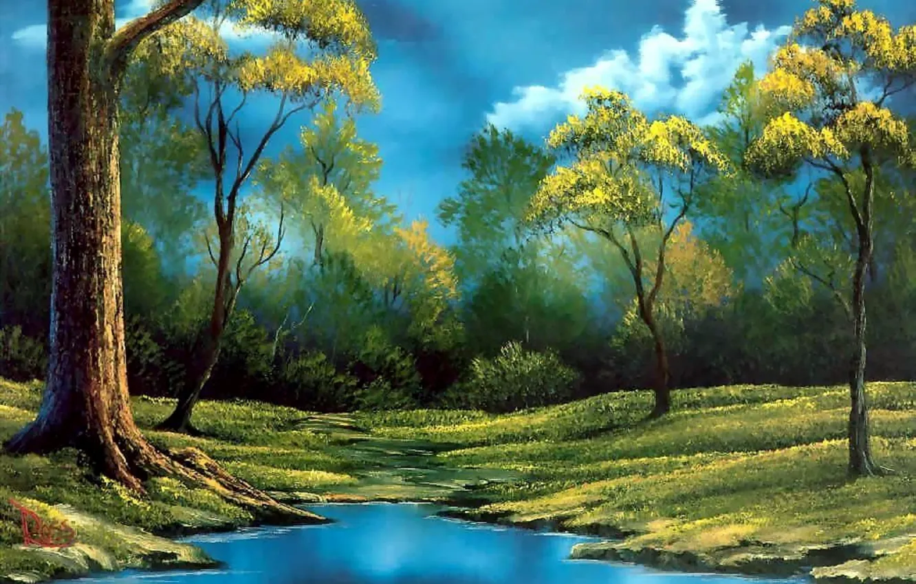 Фото обои лес, небо, вода, деревья, пейзаж, берег, картина, утро