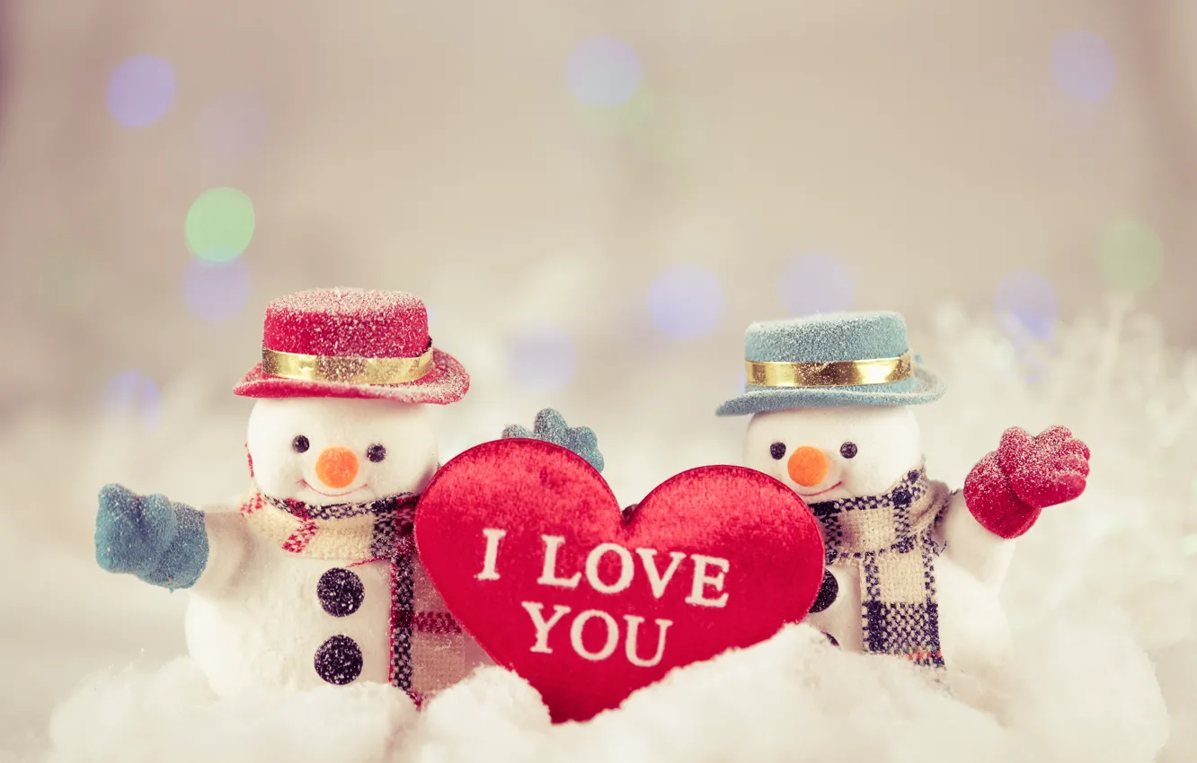 Фото обои зима, снег, снежинки, Новый Год, Рождество, снеговик, love, happy