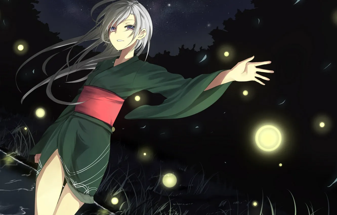 Фото обои девушка, ночь, река, светлячки, аниме, огоньки, арт, кимоно