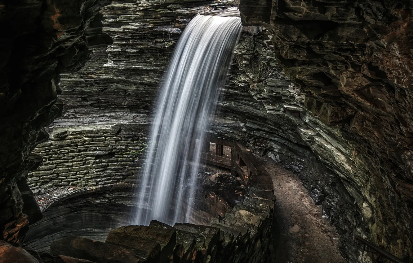 Фото обои скала, камни, водопад, поток, колодец