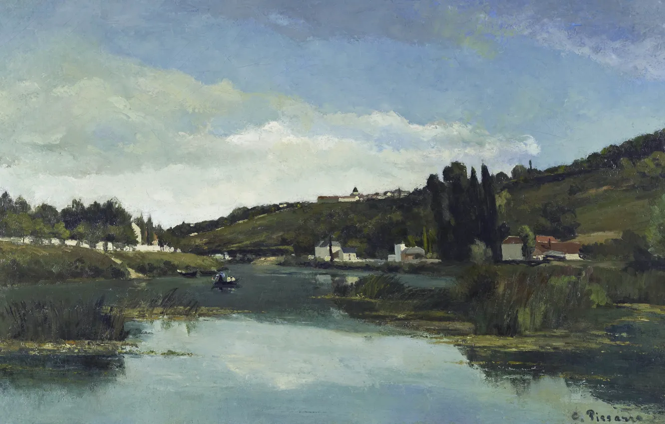 Фото обои пейзаж, река, картина, Камиль Писсарро, Берега Марны в Шеневьере