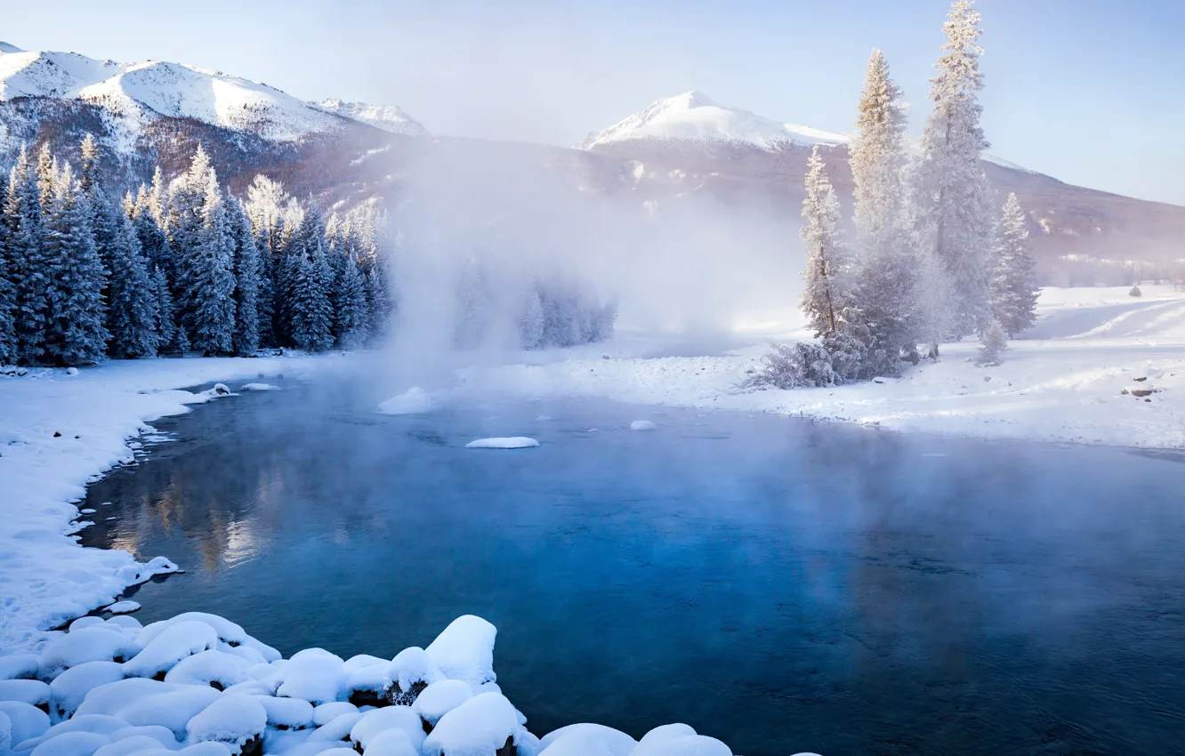 Фото обои зима, небо, снег, деревья, природа, туман, озеро, фон