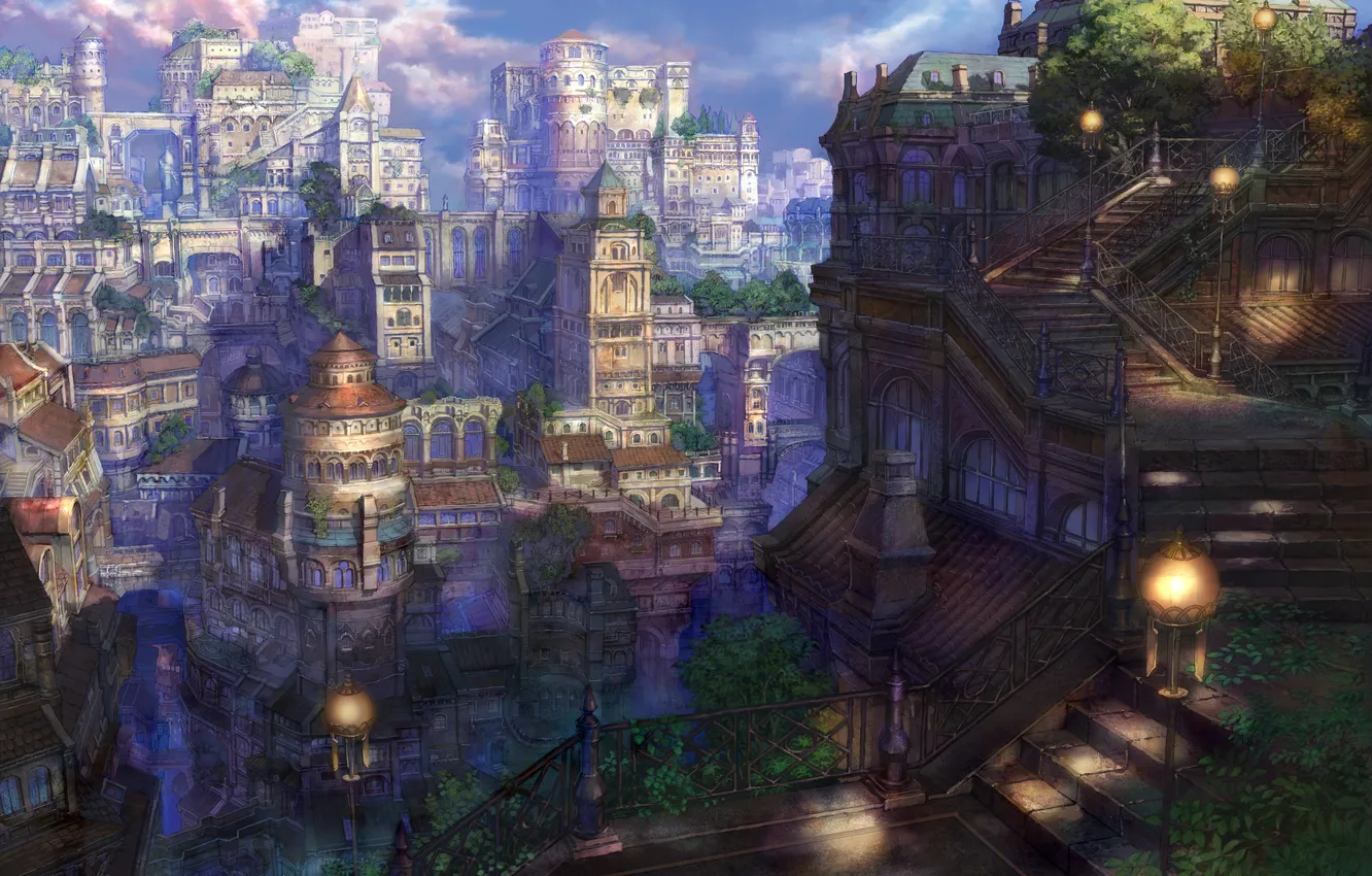 Фото обои город, мир, арт, фонари, лестница, сказочный, Fairytail
