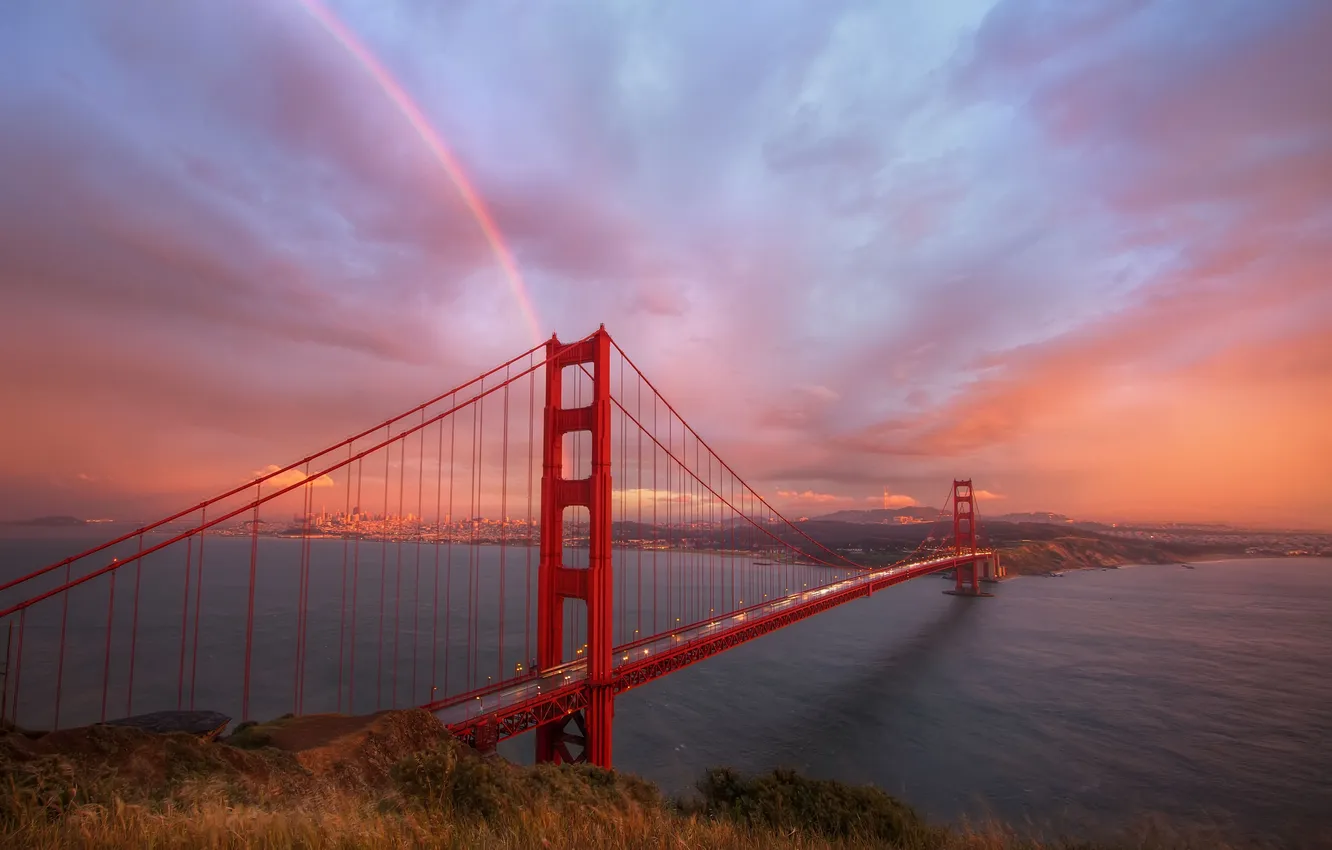 Фото обои тучи, мост, радуга, вечер, Сан-Франциско