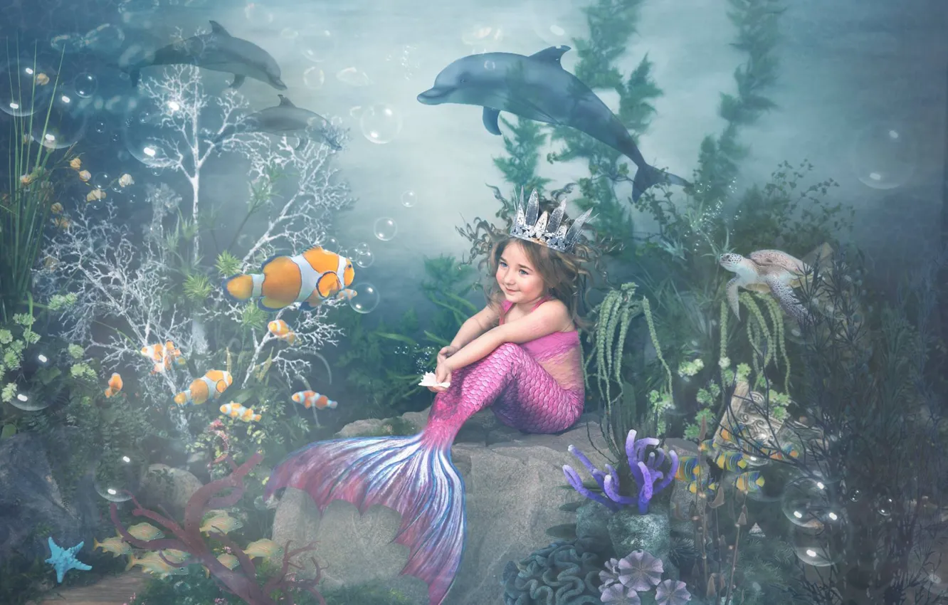 Фото обои рыбы, водоросли, черепаха, кораллы, девочка, дельфины, подводный мир, русалочка