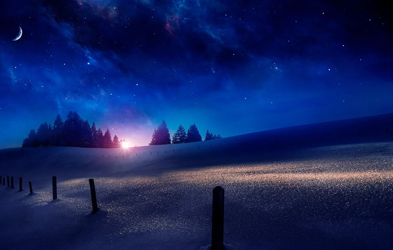Фото обои зима, лес, небо, солнце, космос, звезды, свет, снег