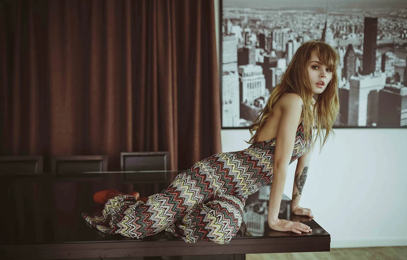 Фото обои model, On The Table, Jumpsuit, Anastasia Scheglova, tattoo