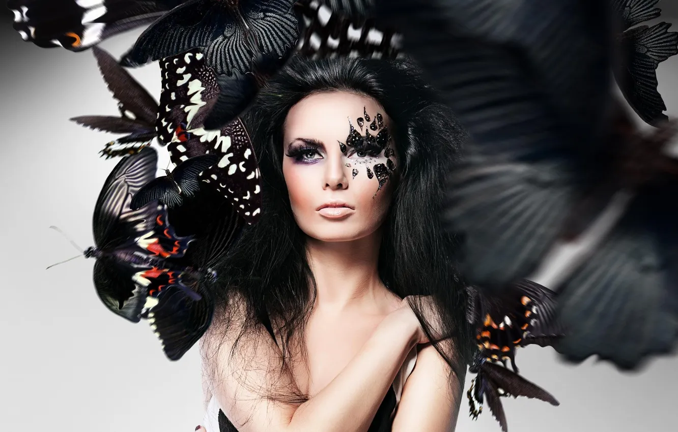 Фото обои девушка, бабочки, стиль, черный, make up