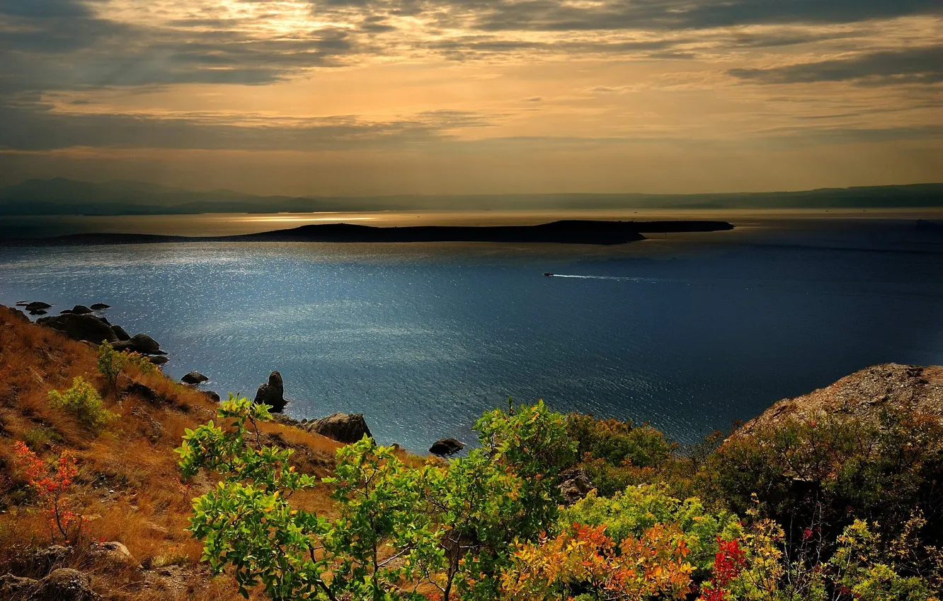 Фото обои море, горы, камни, лодка, Черное, кусты, Крым