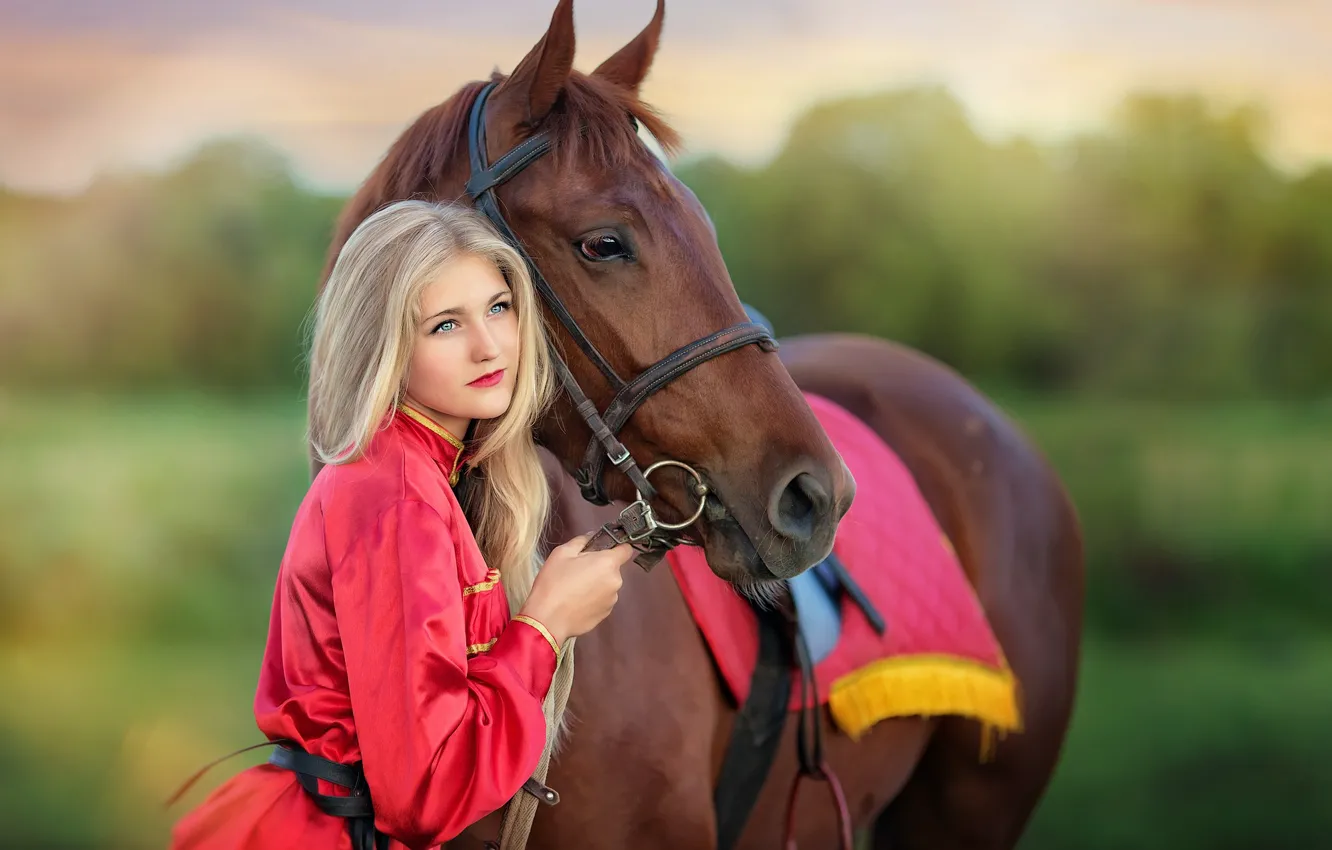 Фото обои лето, девушка, природа, конь, лошадь, блондинка, костюм