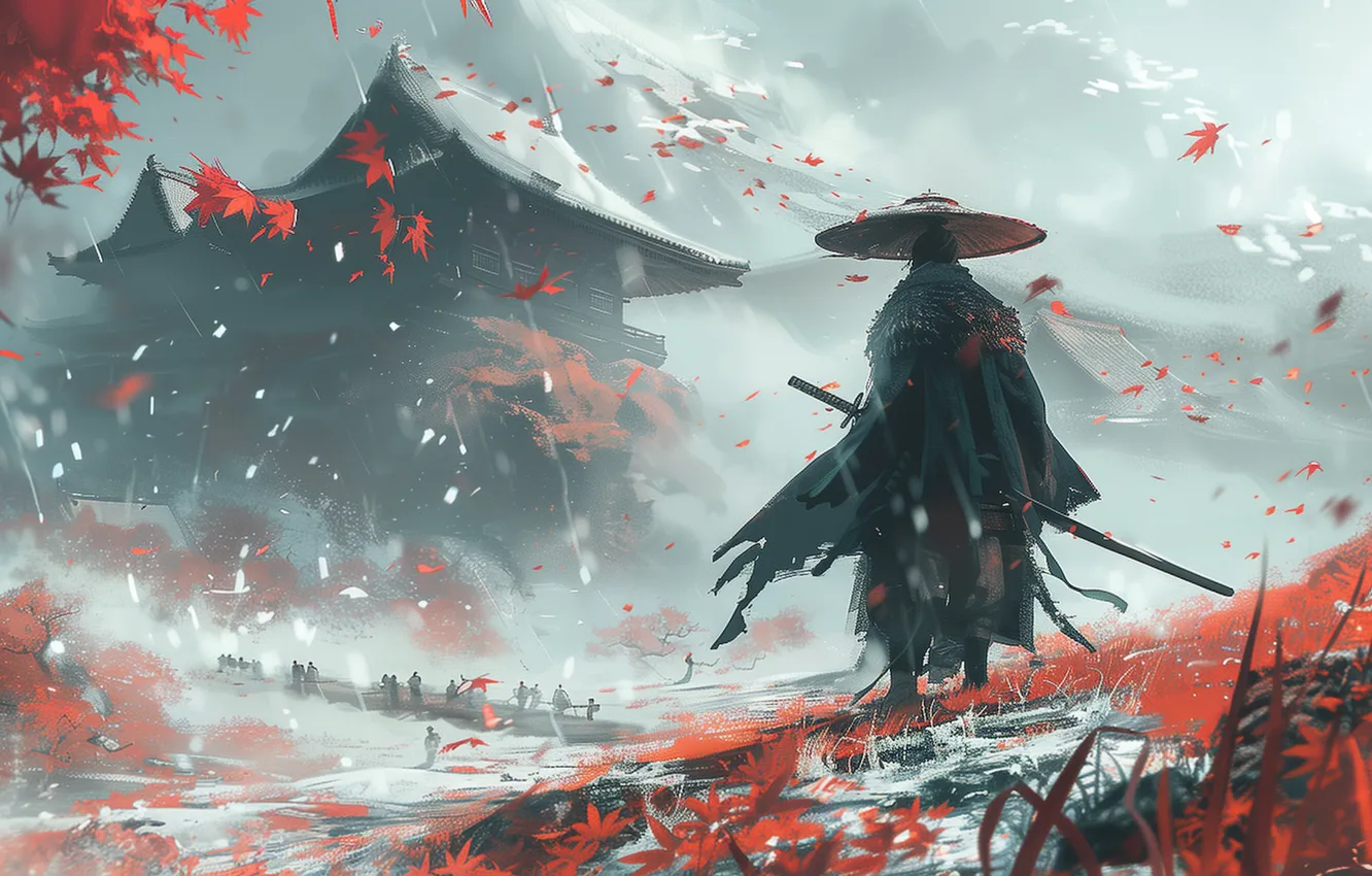 Фото обои art, samurai, pagoda