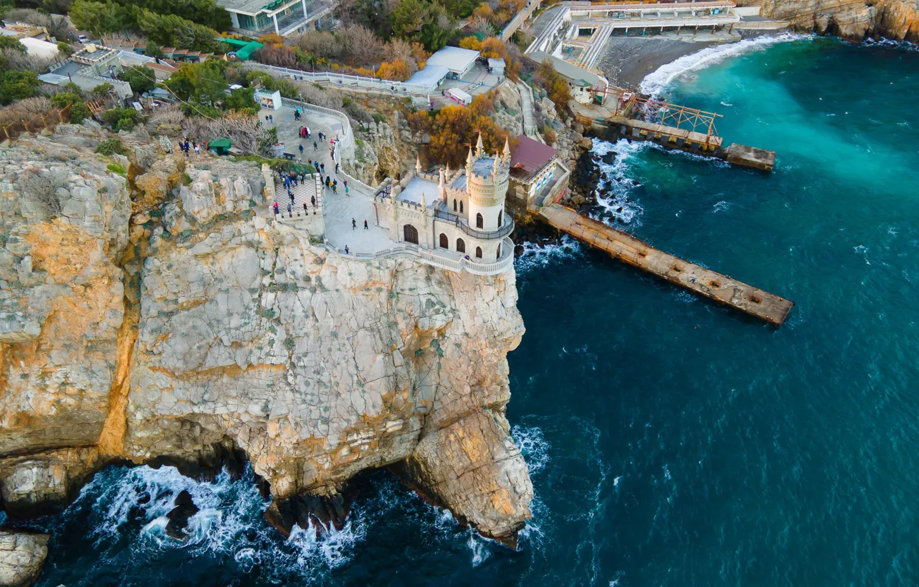 Фото обои море, пейзаж, природа, замок, скалы, вид сверху, Ласточкино гнездо, Ялта