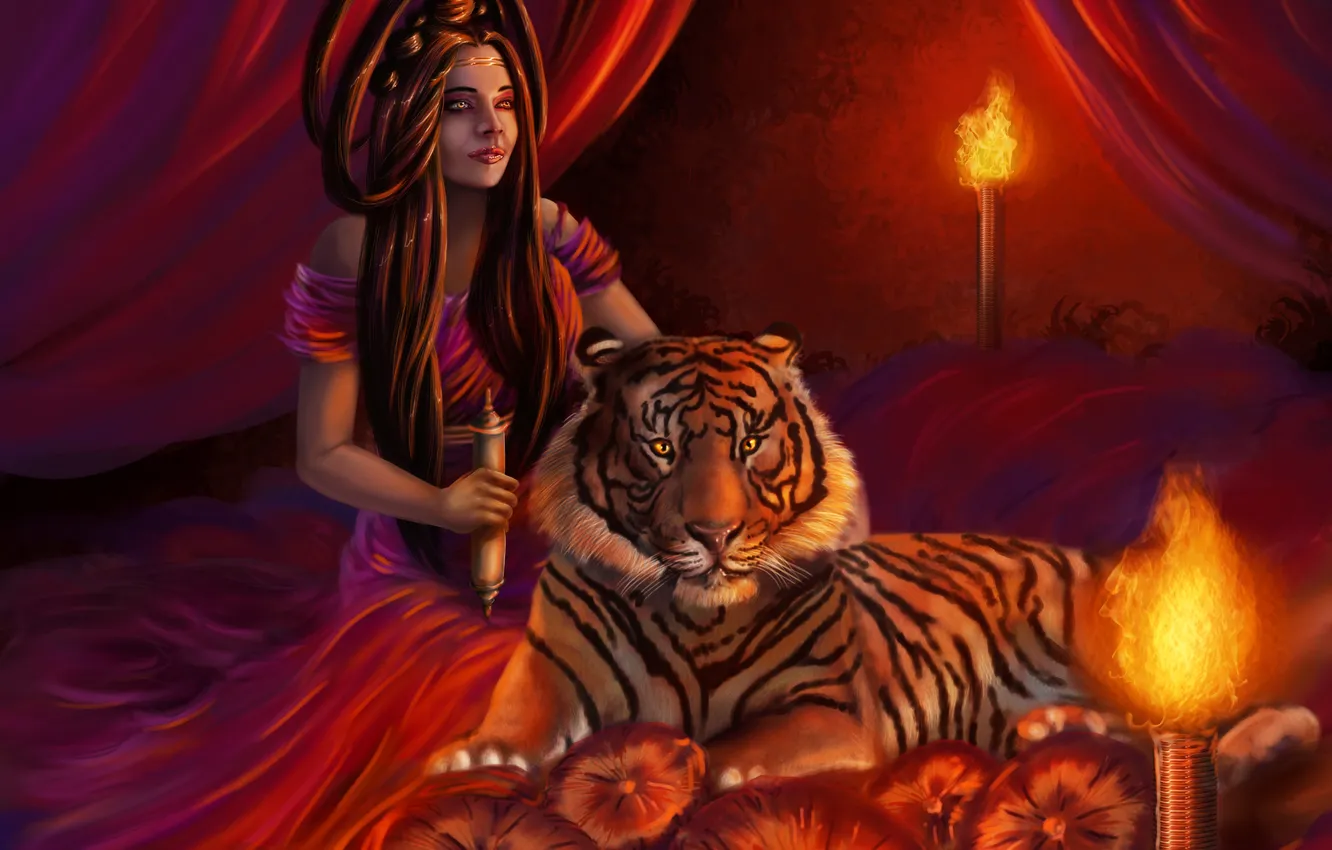 Фото обои взгляд, девушка, свет, лицо, тигр, комната, огонь, волосы