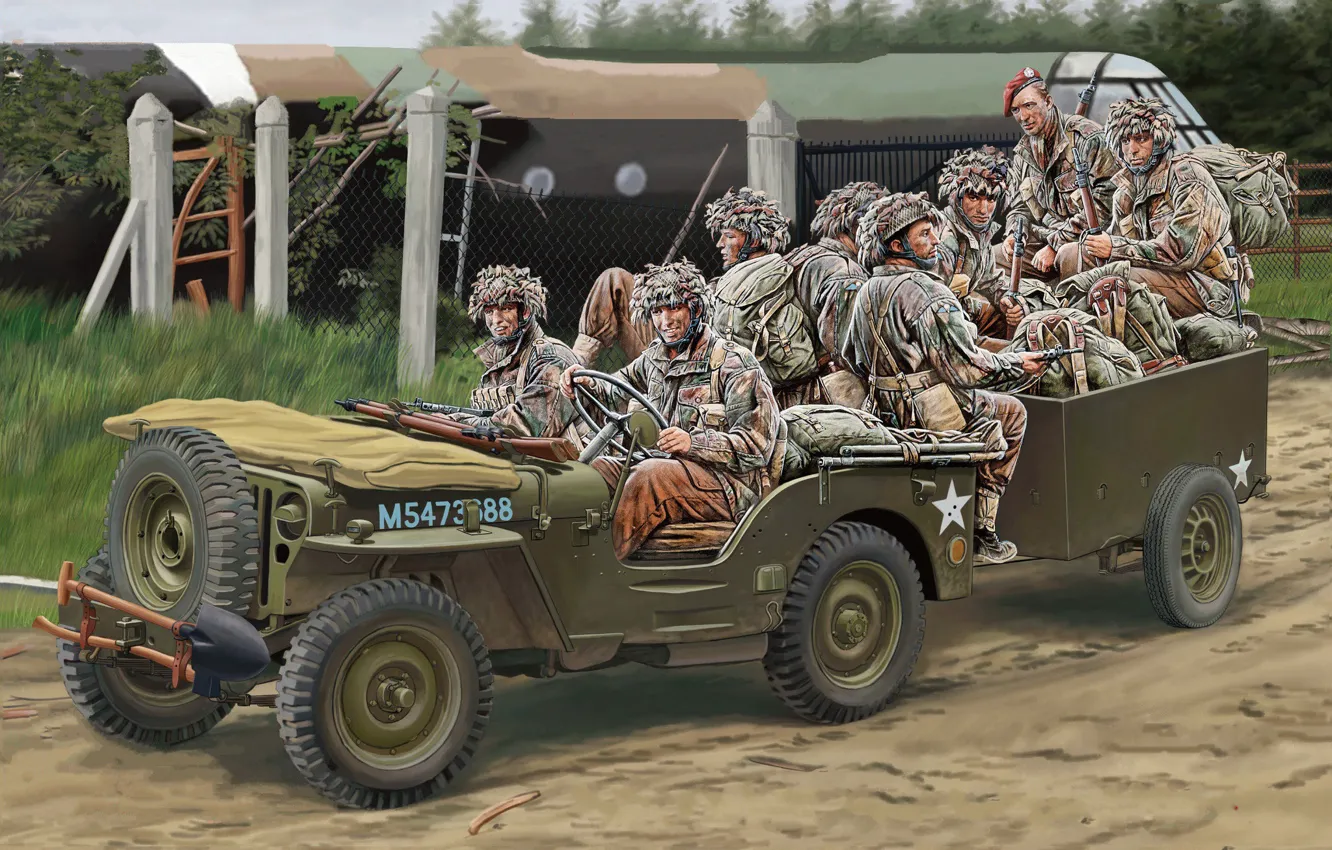 Фото обои внедорожник, British Army, британские десантники, Willys MB, Автомобиль повышенной проходимости