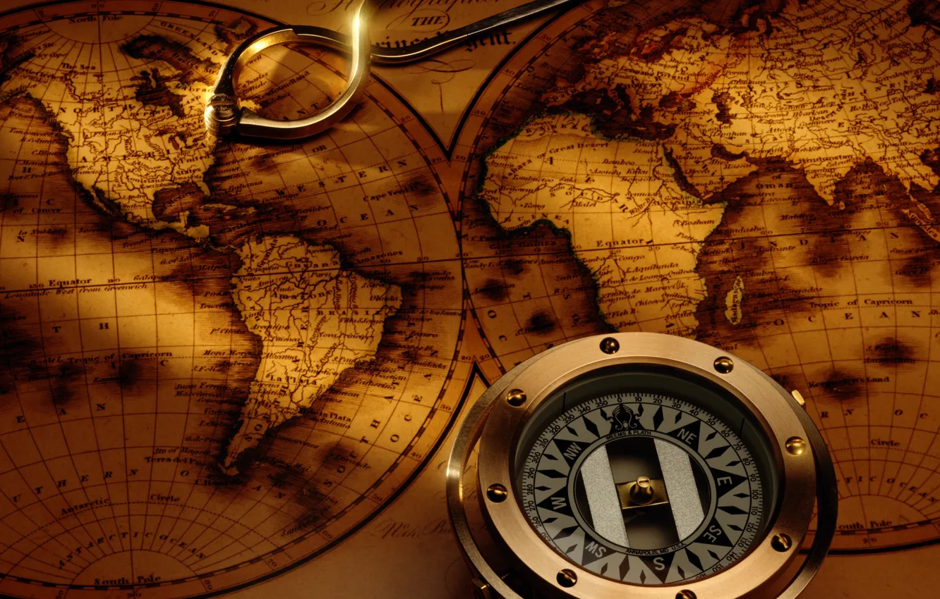 Фото обои карта, компас, map, antique, compass