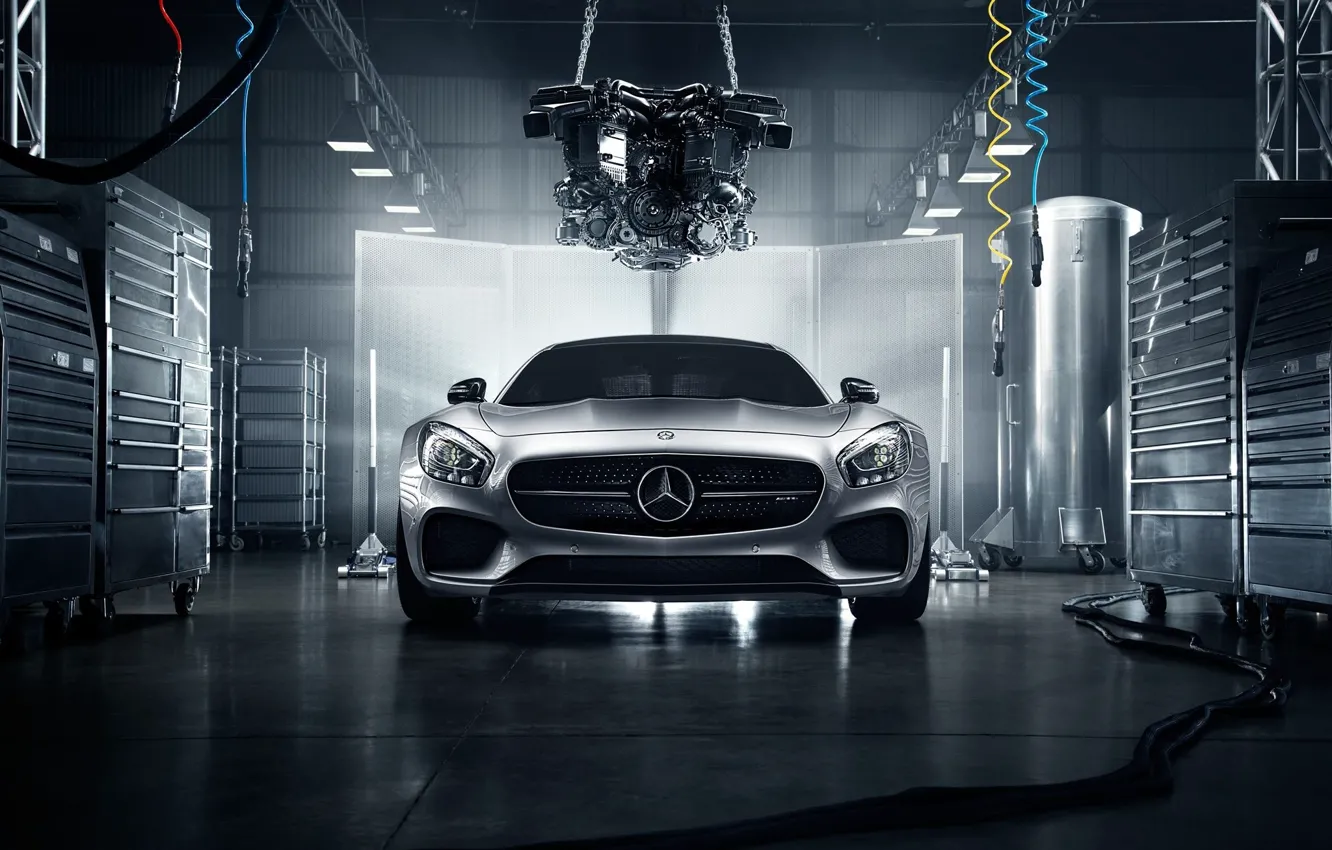 Фото обои Mercedes-Benz, Front, AMG, Color, Silver, Engine, Workshop, 2016