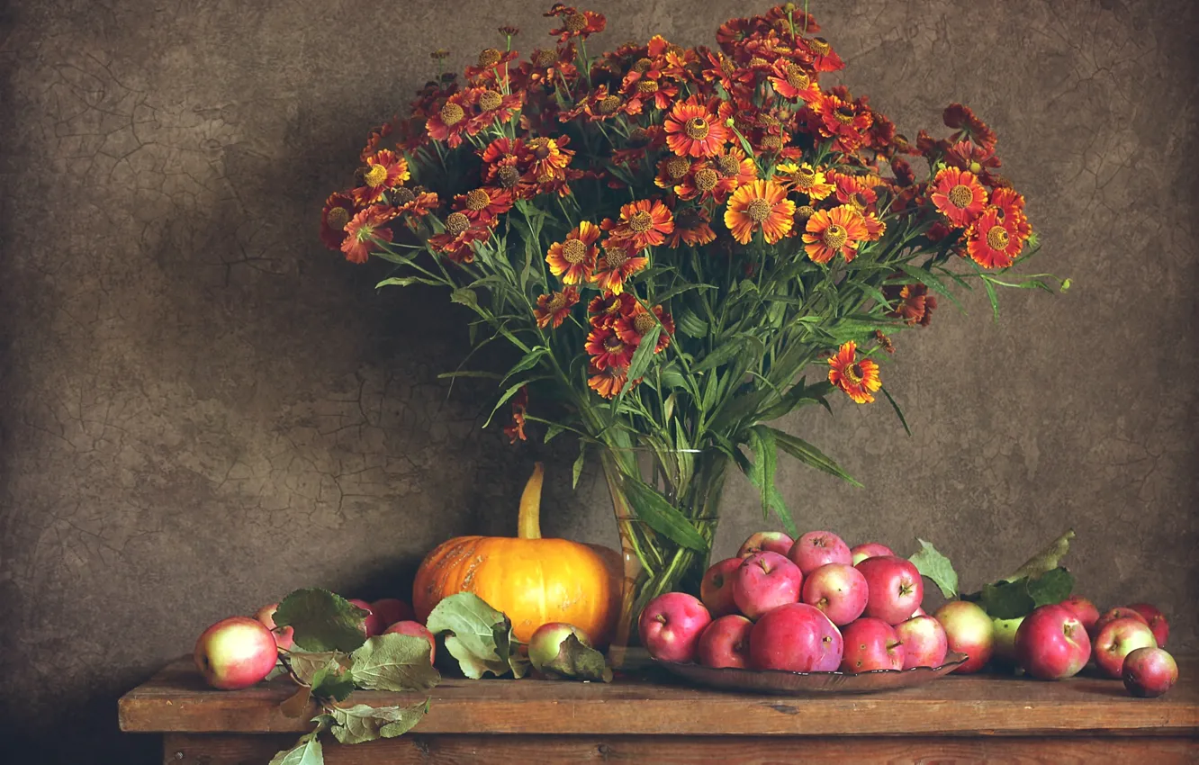 Фото обои осень, цветы, яблоки, тыква, натюрморт