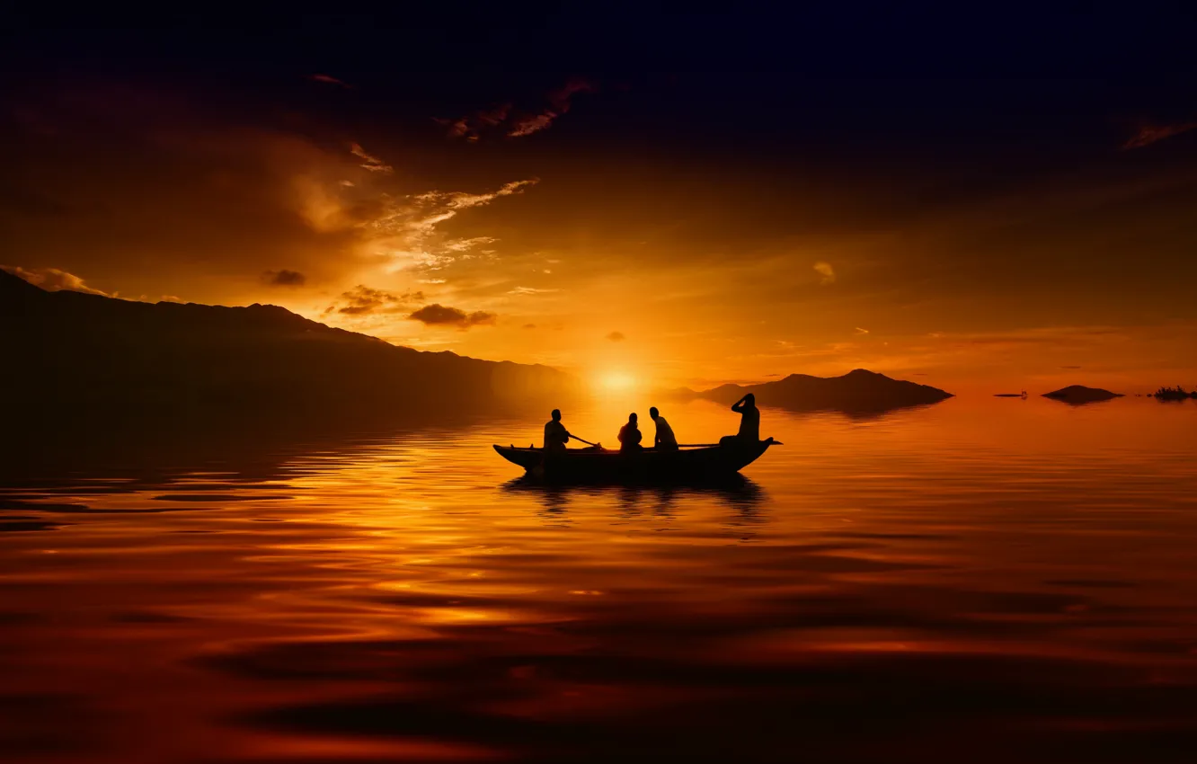 Фото обои закат, озеро, лодка, силуэт
