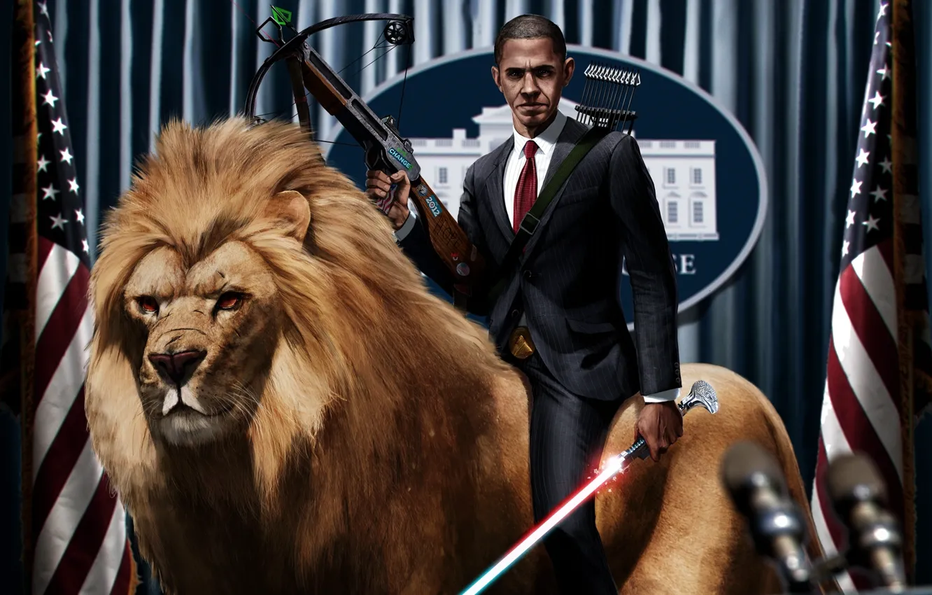 Фото обои Lion, Obama, Lightsaber, President, Crossbow